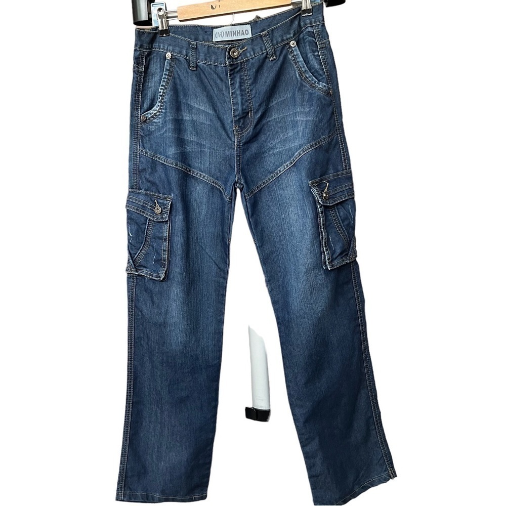 Minhao Men’s Jeans Cargo Utility Pockets Relaxed Straight Leg Denim Y2K Jeans 32